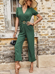 Perfee Polka Dot Belted Flounce Sleeve Jumpsuit with Pockets