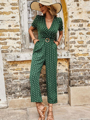 Perfee Polka Dot Belted Flounce Sleeve Jumpsuit with Pockets