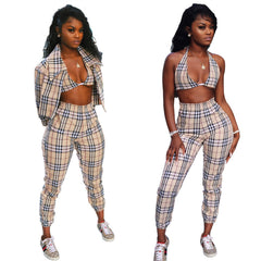 Women's plaid three-piece sets new style long sleeve trousers autumn and summer spring 2018 sexy ladies' pencil pants 3 suits