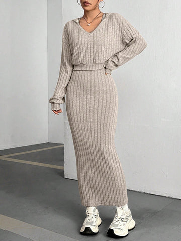 Ribbed Cropped Hooded Top and V-Neck Tank Dress Set