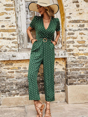 Perfee Polka Dot Belted Flounce Sleeve Jumpsuit with Pockets