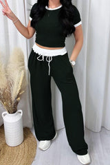 Contrast Trim Round Neck Top and Pants Set