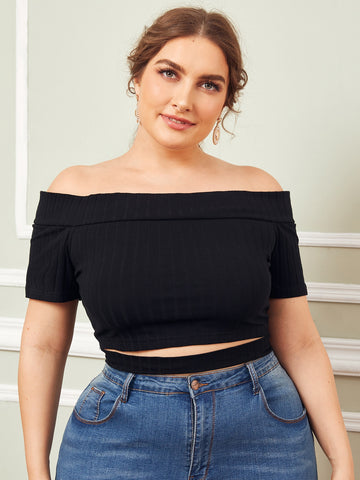 Plus Size Rib-knit Cutout Detail Foldover Bardot Top