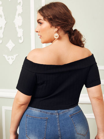 Plus Size Rib-knit Cutout Detail Foldover Bardot Top