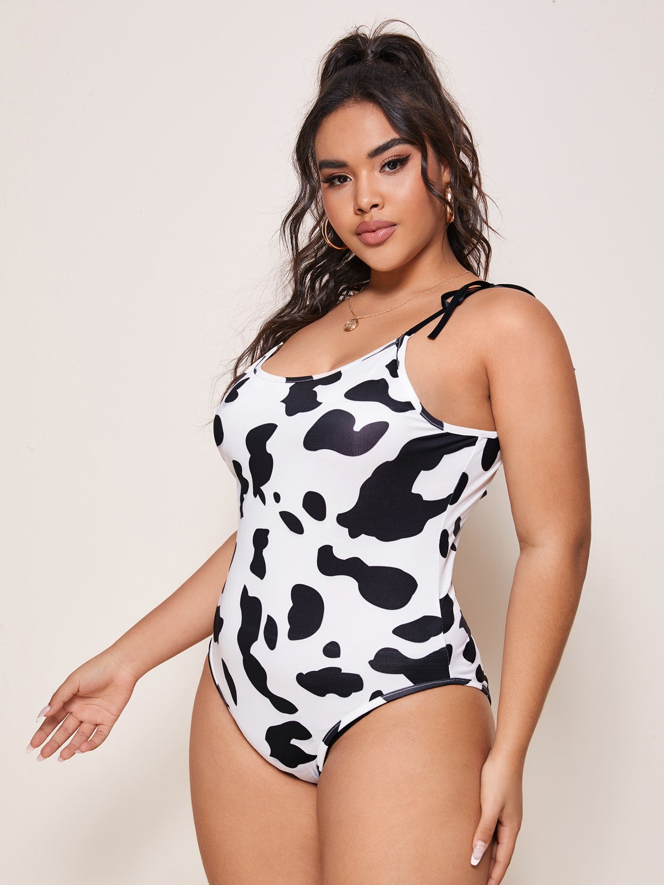 Plus Size Cow Print Tie Shoulder Backless Cami Bodysuit – Leaky