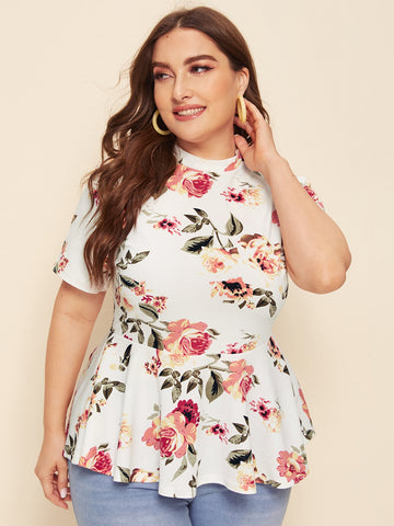 Plus Size Mock Neck Floral Print Peplum Top