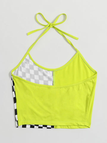 Neon Checker Spliced Crop Halter Top