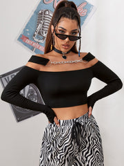 Off Shoulder Cut Out Detail Rib-knit Crop Top