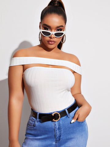 Plus Size Off Shoulder Cut Out Rib-knit Top