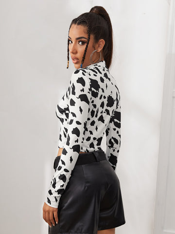 Mock Neck Cow Pattern Crop Top