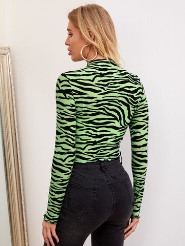 Mock-Neck Lettuce Trim Zebra Striped Crop Top